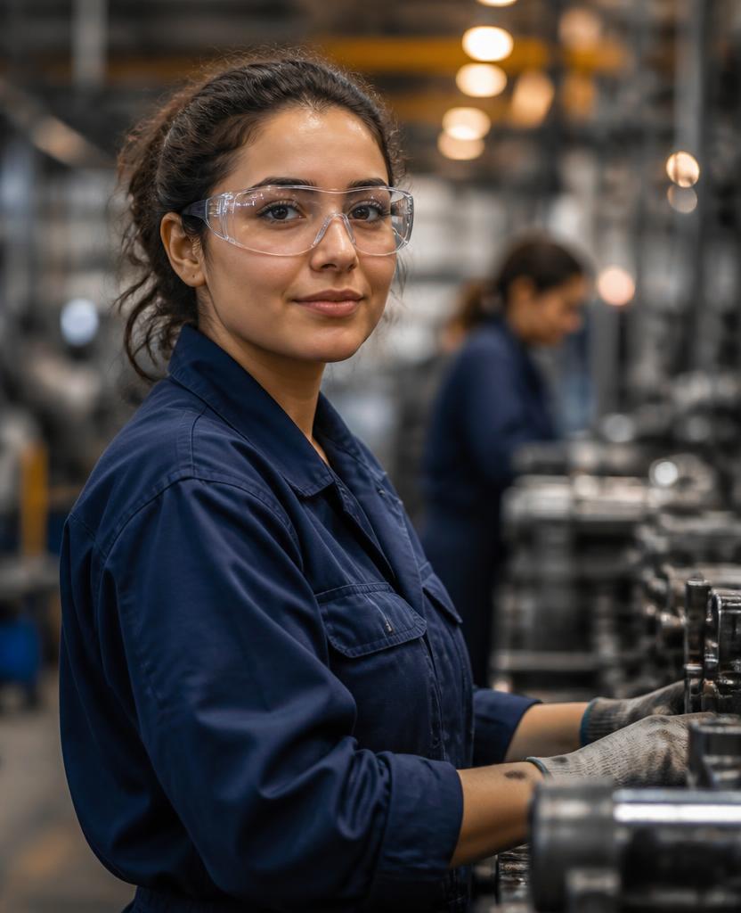 Operária de fábrica na linha de produção